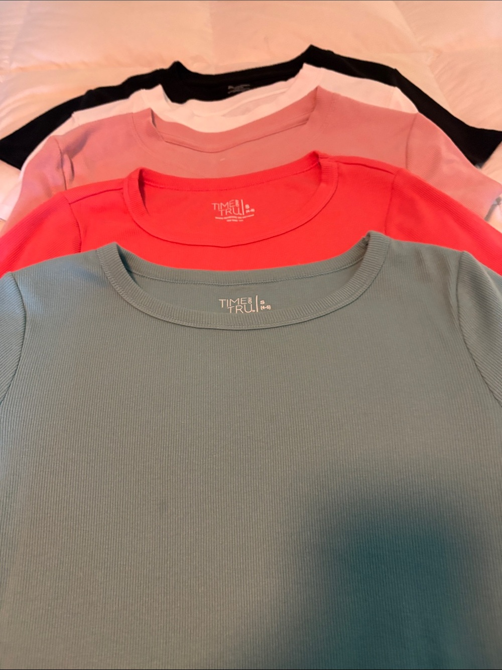 Time and Tru women’s Ribbed Crew Neck Tops -ltblue, Coral, Pink, White, Blac
